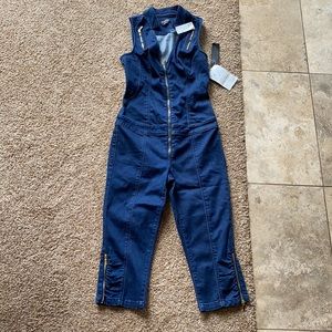bebe zippy logo denim jumpsuit